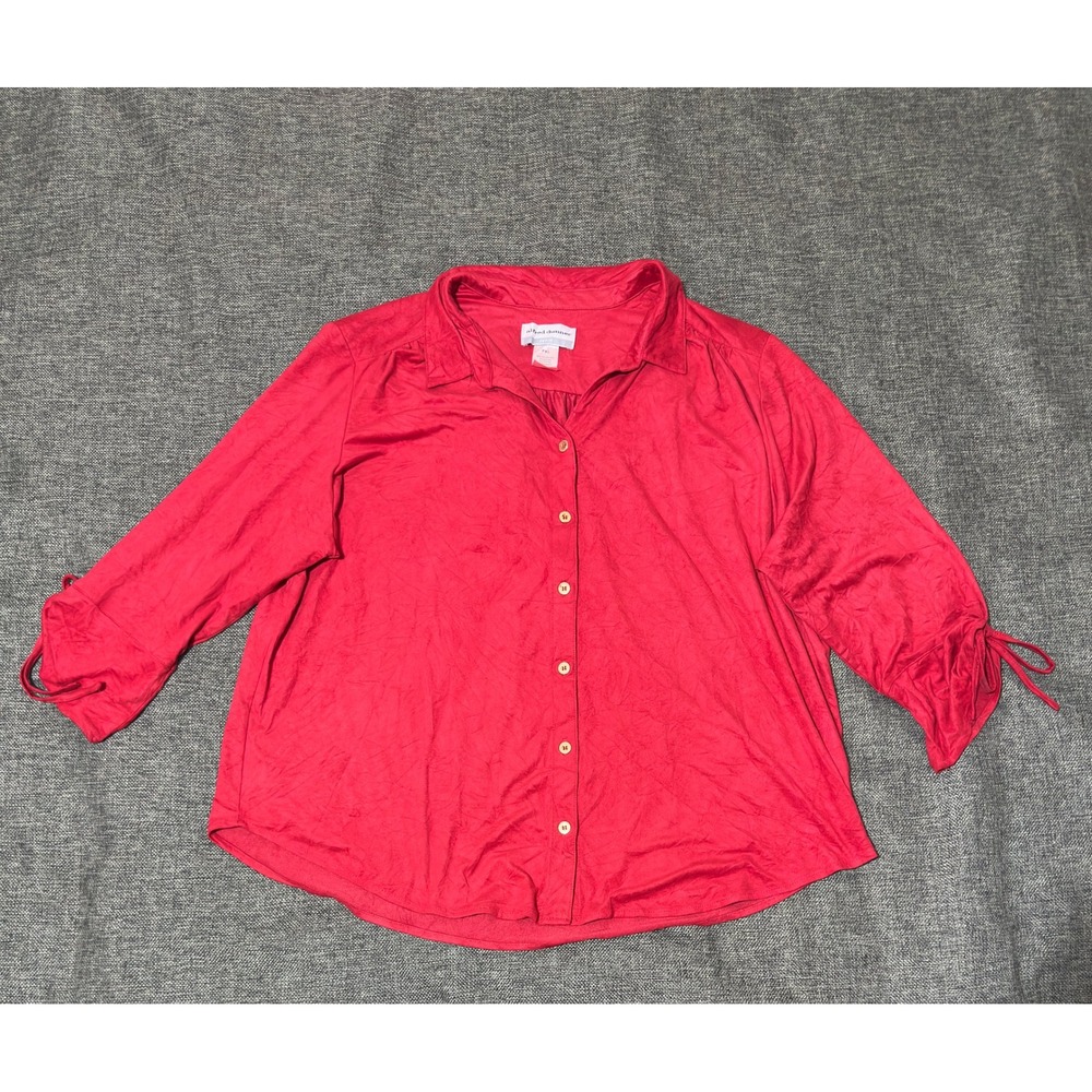 Alfred Dunner Women PXL Button Up Shirt Red 3/4 Sleeve Tie Cuffs
